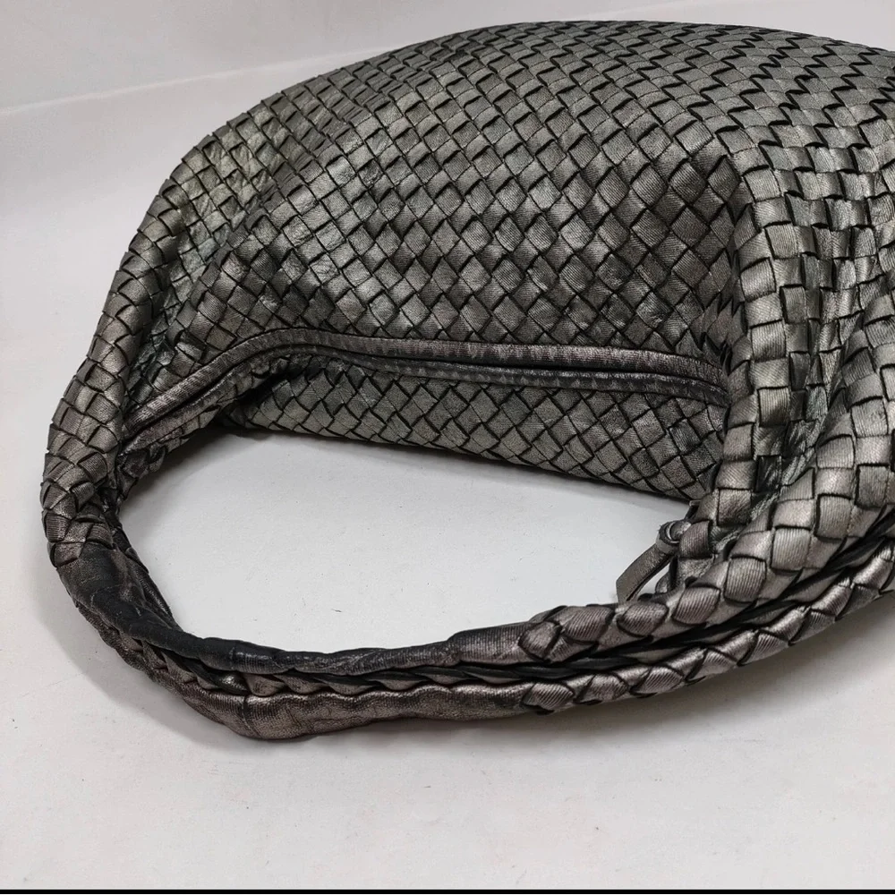 Bottega leather  Veneta Metallic Silver Intrecciato Hobo Bag